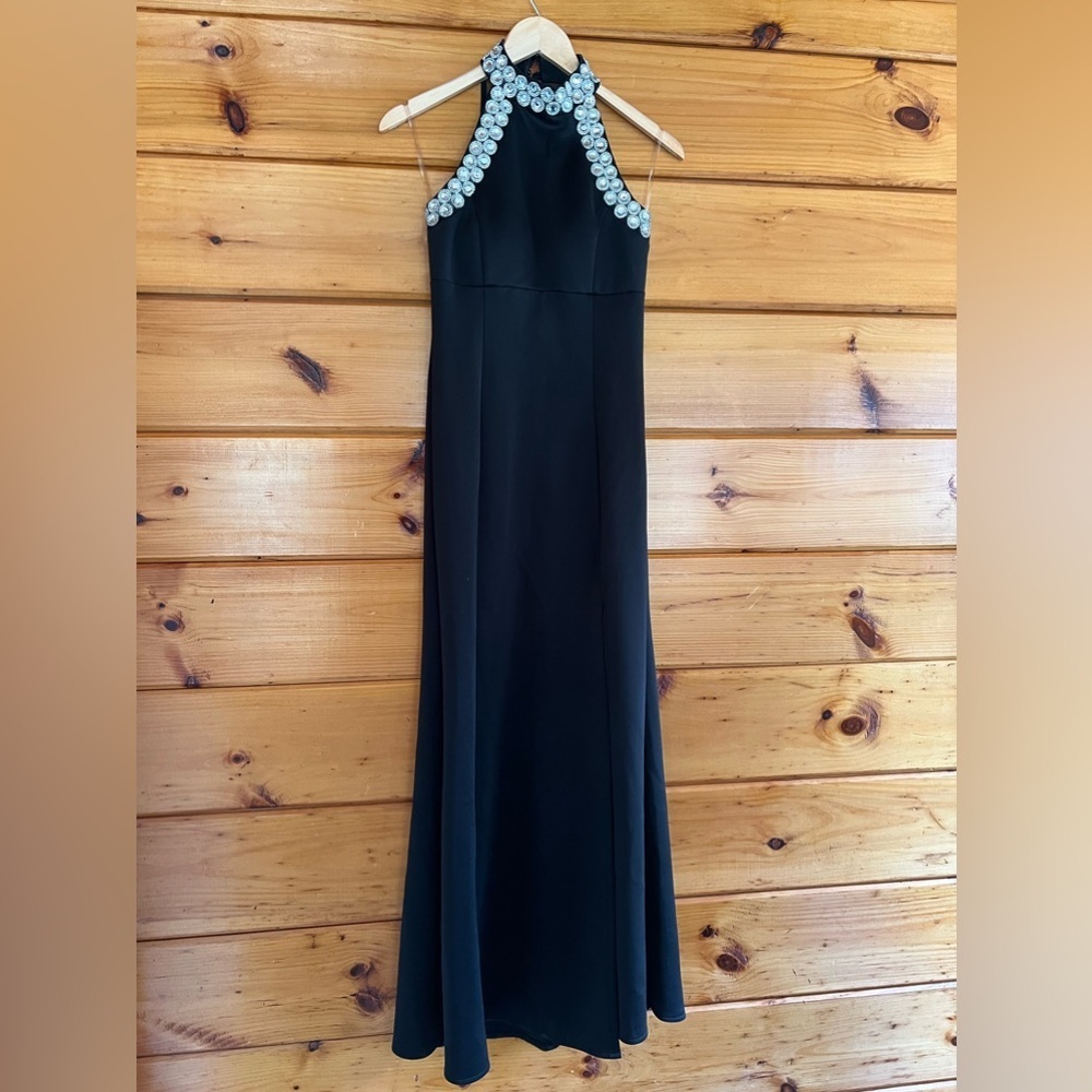 Crystal Doll Black Sheer Back neckline diamonds  Long Prom Dress size 3